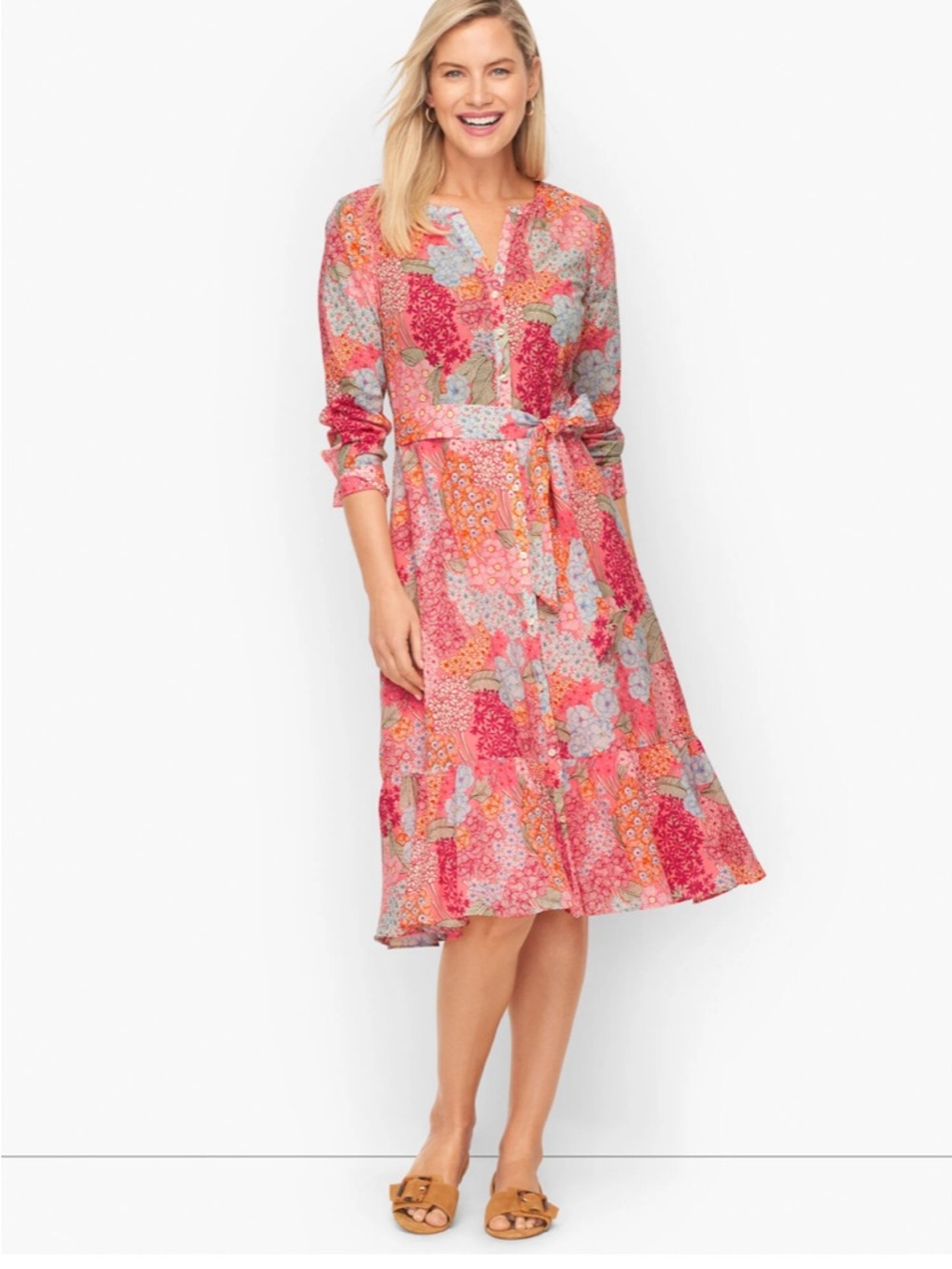 Talbots Dress Womens Sz 16 Belted Shirtdress Clustered Garden Floral Pink Midi